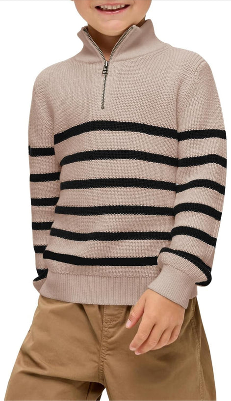 Boys Striped Quarter Zip Sweater - Long Sleeve Knit Pullover | AURORE LUXURE