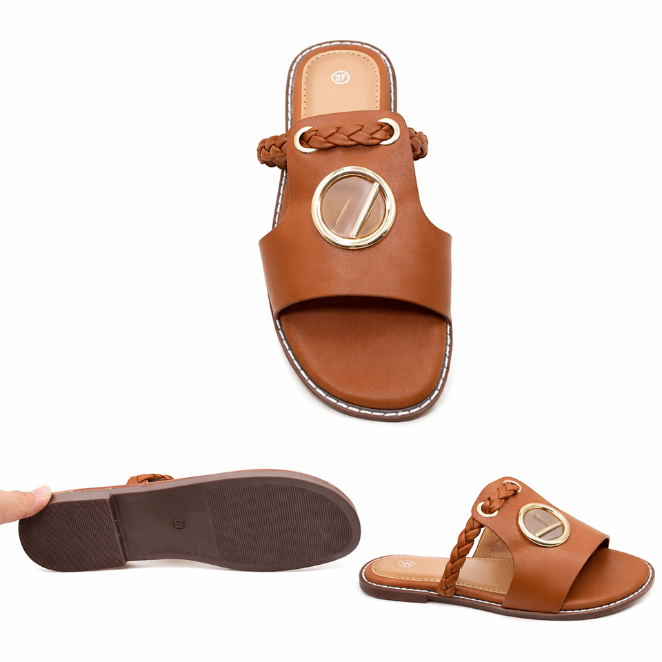 Women’s Flat Slide Sandals – Braided Strap Open Toe Slip-On with Gold Buckle, Summer Casual Comfort Sandals (Size 37-42)