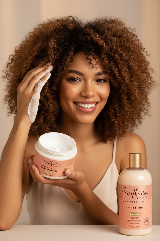 SheaMoisture Coconut & Hibiscus Curl & Shine Shampoo & Conditioner + Curl Enhancing Smoothie for Bouncy Curls, Frizz Control, Gifts for Women