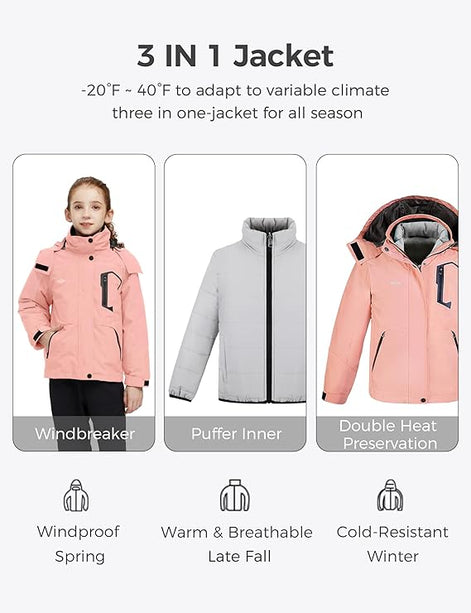 Girl's 3-in-1 Ski Jacket - Warm Fleece Lined Winter Snow Coat| AURORE LUXURE