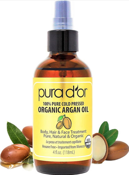 PURA D'OR 4 Oz Organic Moroccan Argan Oil – 100% Pure Cold-Pressed Virgin Grade – Lightweight Moisturizer for Skin, Face, Body & Hair – Helps Dry Skin, Scalp Care, Split Ends, Nails & Cuticles