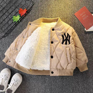 Beige Boys' thickened winter baseball jacket by AURORE LUXURE showcasing a fluffy inner layer, great for keeping kids warm.