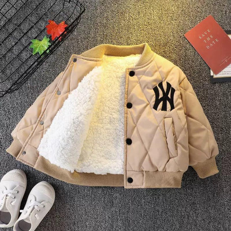 Beige Boys' thickened winter baseball jacket by AURORE LUXURE showcasing a fluffy inner layer, great for keeping kids warm.