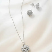 Diamond Flower Cluster Pendant Necklace & Earrings Set (Sterling Silver)