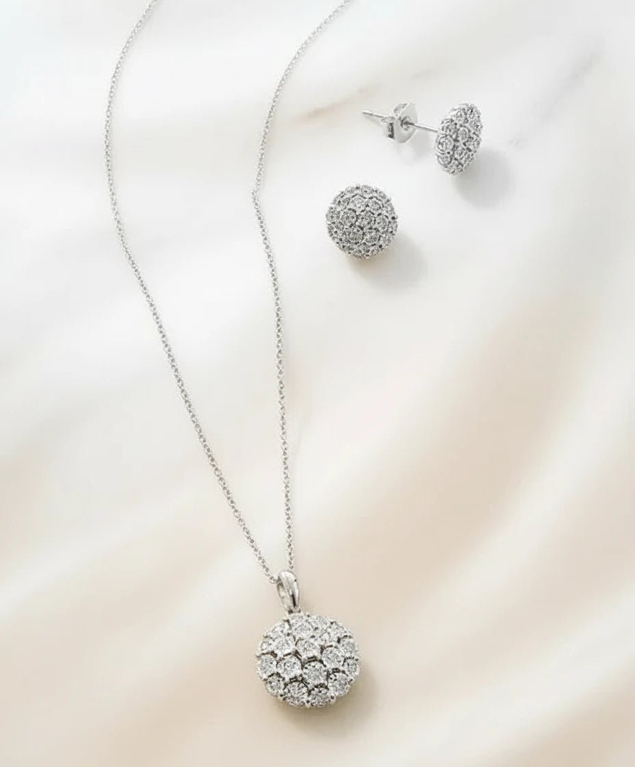 Diamond Flower Cluster Pendant Necklace & Earrings Set (Sterling Silver)