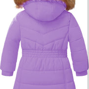 Girls’ Winter Long Puffer Coat – Warm Waterproof Fleece-Lined Jacket with Detachable Hood & Faux Fur Trim
