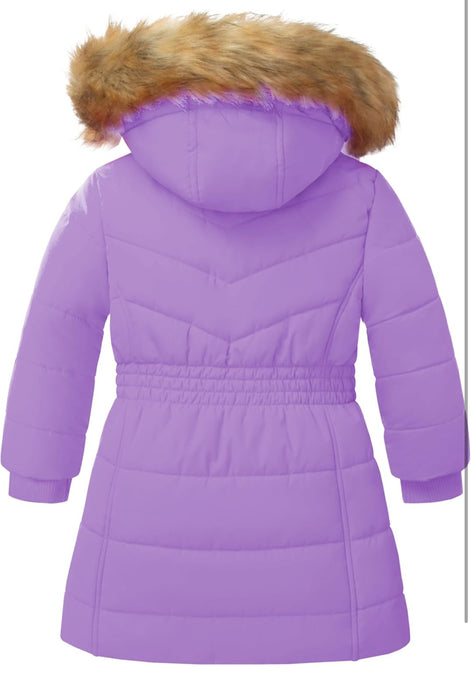 Girls’ Winter Long Puffer Coat – Warm Waterproof Fleece-Lined Jacket with Detachable Hood & Faux Fur Trim