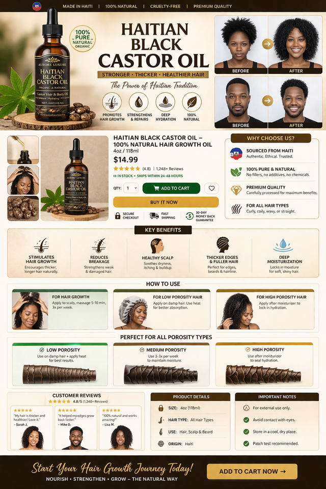Aurore Luxure Haitian Black Castor Oil/ maskriti – Organic & Natural 100% Pure Castor Hair & Body Oil