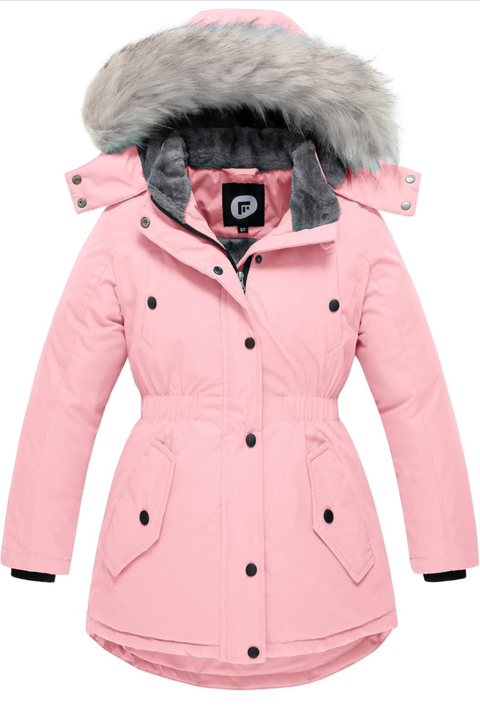 Girls’ Long Winter Coat – Warm Fleece-Lined Puffer Parka with Fur Hood