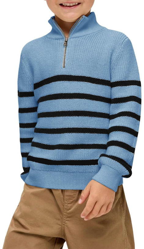 Boys Striped Quarter Zip Sweater - Long Sleeve Knit Pullover | AURORE LUXURE