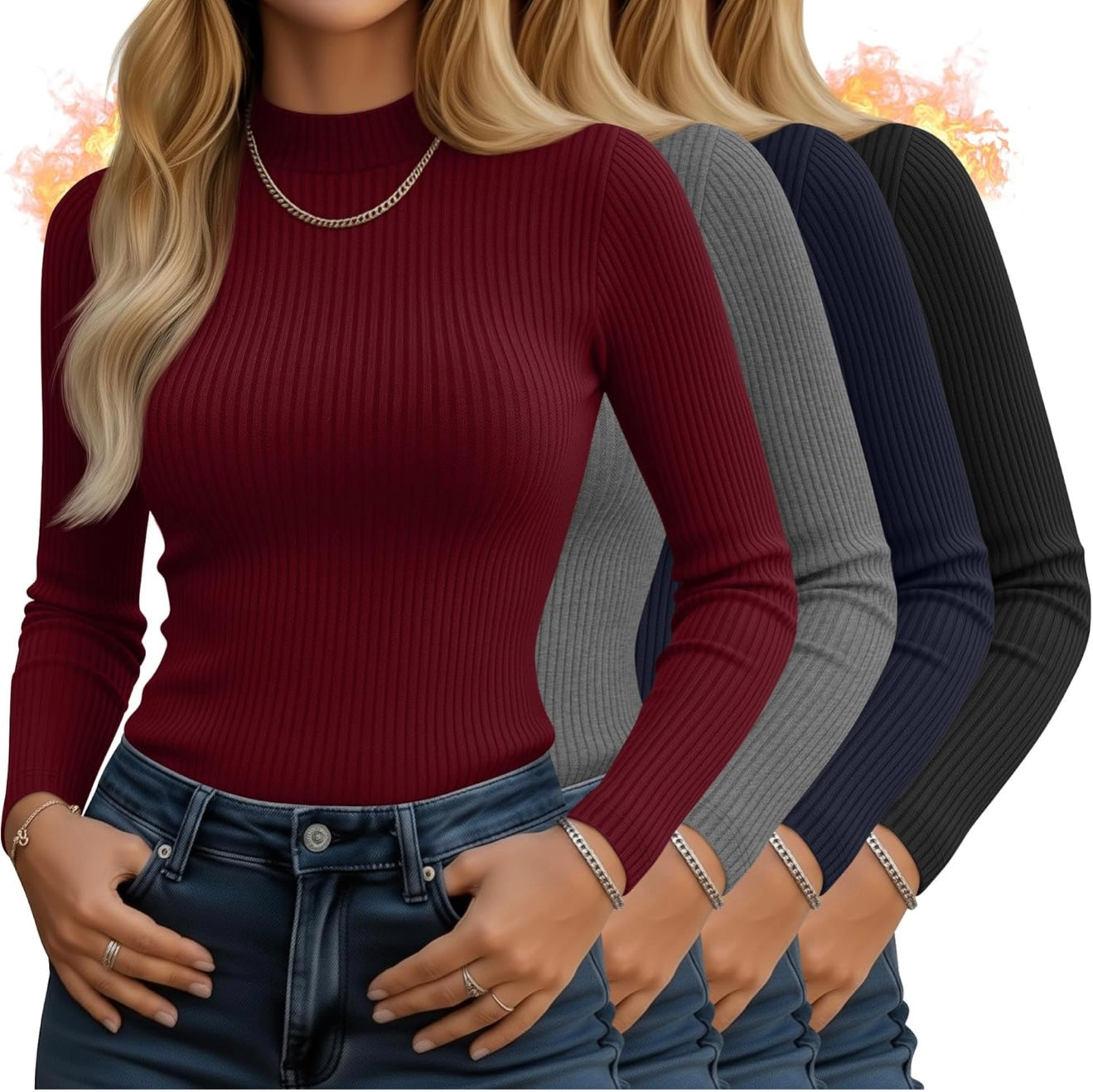 Women's 4-Pack Mock Neck Thermal Tops - Ribbed Base Layer Shirts | AURORE LUXURE
