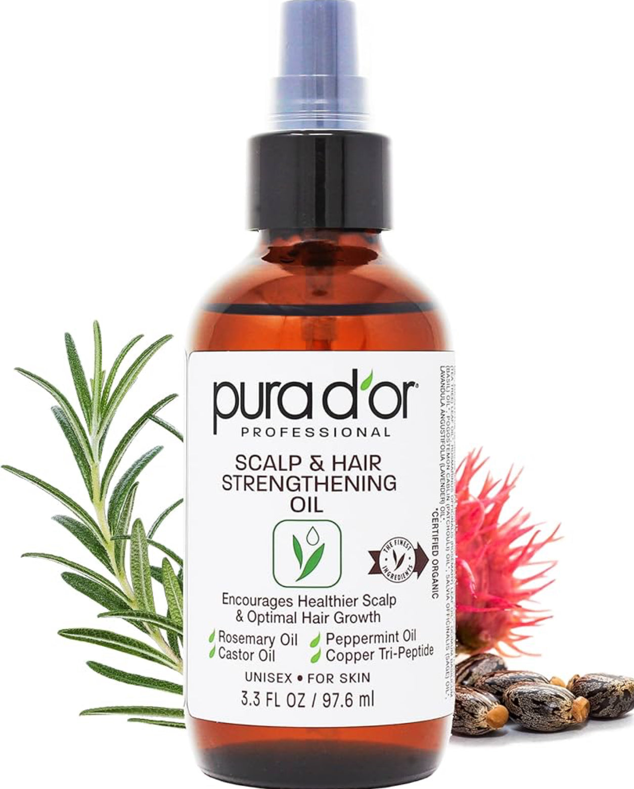 PURA D'OR Scalp & Hair Strengthening Oil with Rosemary Castor Peppermint Oil 3.3 Oz
Supports Optimal Growth, Reduce Breakage, Nourish Roots, Healthier, Fuller, Thicker Hair, Stronger Strands Ft
