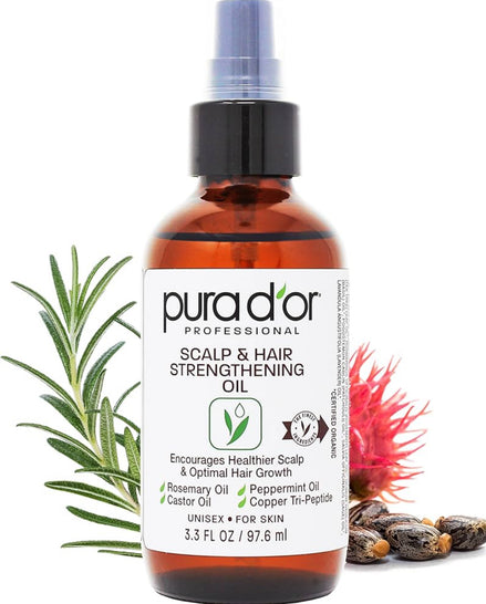 PURA D'OR Scalp & Hair Strengthening Oil with Rosemary Castor Peppermint Oil 3.3 Oz
Supports Optimal Growth, Reduce Breakage, Nourish Roots, Healthier, Fuller, Thicker Hair, Stronger Strands Ft