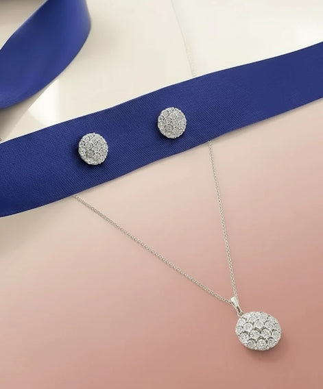 Diamond Flower Cluster Pendant Necklace & Earrings Set (Sterling Silver)