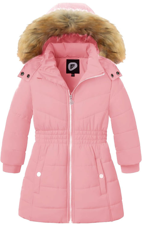 Girls’ Winter Long Puffer Coat – Warm Waterproof Fleece-Lined Jacket with Detachable Hood & Faux Fur Trim
