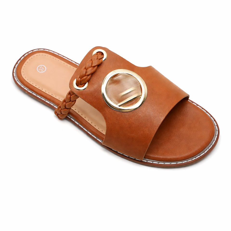 Women’s Flat Slide Sandals – Braided Strap Open Toe Slip-On with Gold Buckle, Summer Casual Comfort Sandals (Size 37-42)