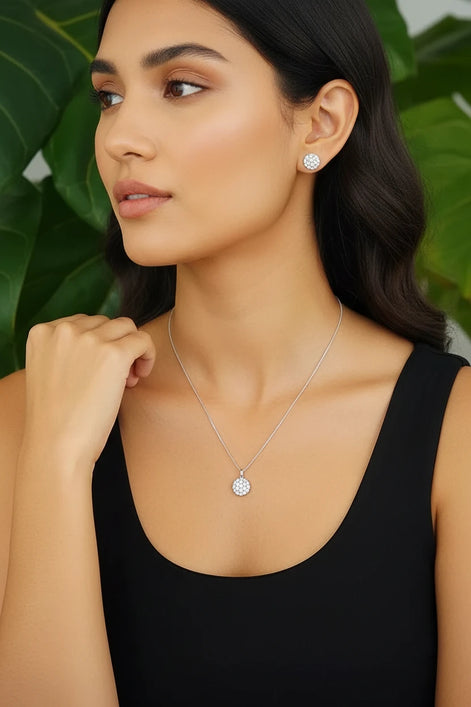 Diamond Flower Cluster Pendant Necklace & Earrings Set (Sterling Silver)