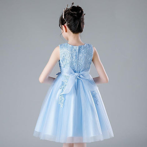 Blue Flower Girls Sleeveless Sequins Mesh Dress Lace A-line Bridesmaid Wedding Pageant Tulle Party Gown by AURORE LUXURE