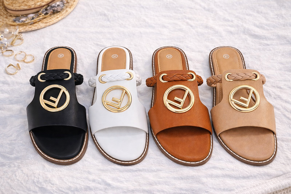 Women’s Flat Slide Sandals – Braided Strap Open Toe Slip-On with Gold Buckle, Summer Casual Comfort Sandals (Size 37-42)