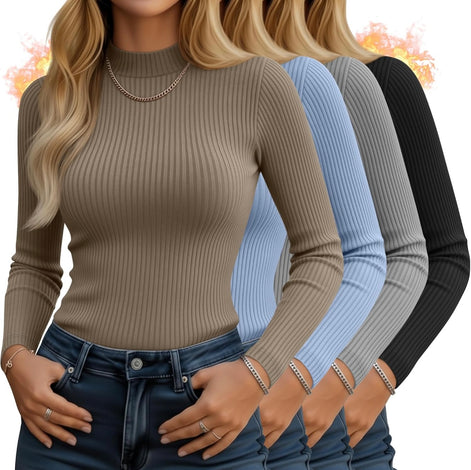 Women's 4-Pack Mock Neck Thermal Tops - Ribbed Base Layer Shirts | AURORE LUXURE