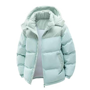 Mens Puffer Jacket Casual Warm Winter Jacket by AURORE LUXURE in mint green color featuring a detachable hood for stylish winter wear.