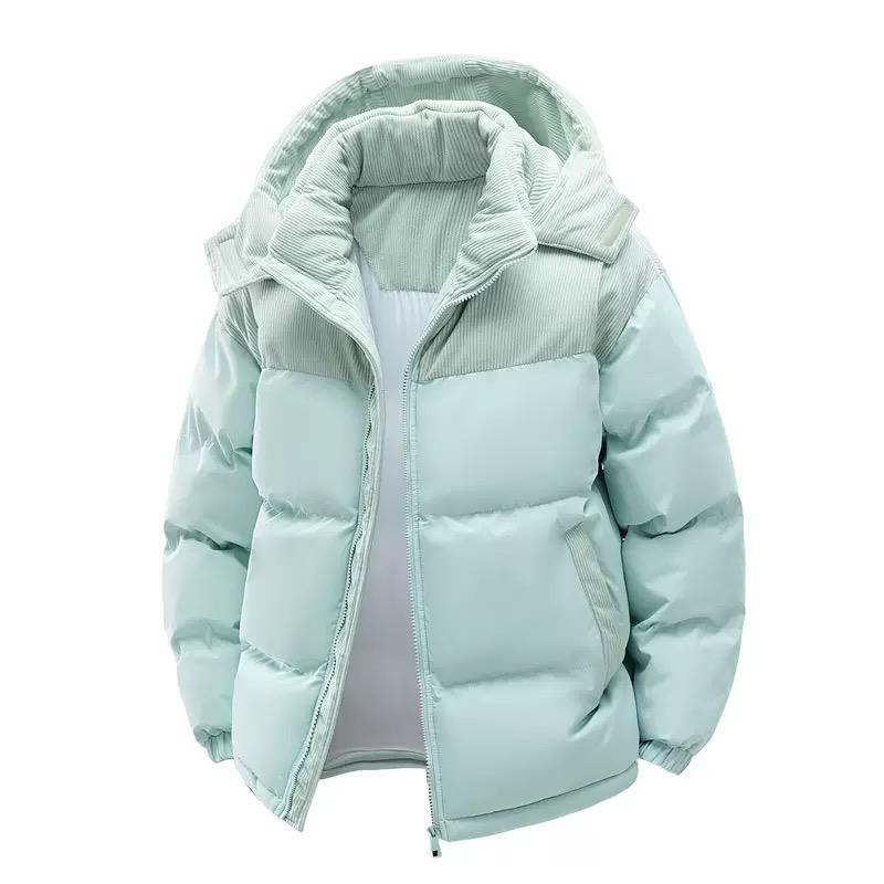 Mens Puffer Jacket Casual Warm Winter Jacket by AURORE LUXURE in mint green color featuring a detachable hood for stylish winter wear.