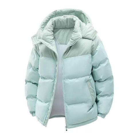 Mens Puffer Jacket Casual Warm Winter Jacket by AURORE LUXURE in mint green color featuring a detachable hood for stylish winter wear.