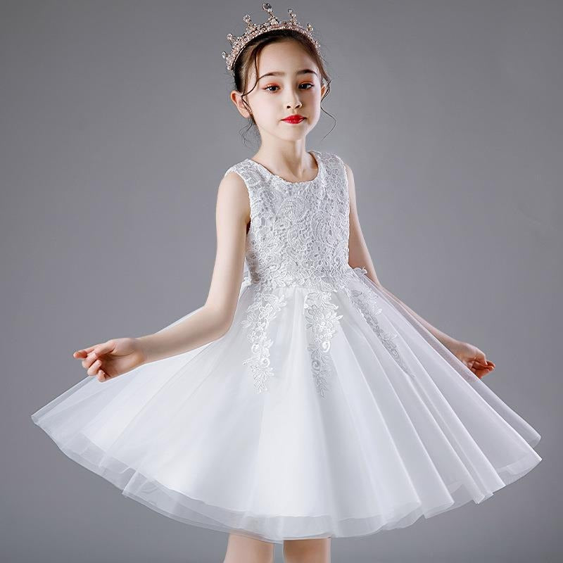White Flower Girls Sleeveless Sequins Mesh Dress Lace A-line Bridesmaid Wedding Pageant Tulle Party Gown by AURORE LUXURE