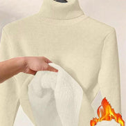 AURORE LUXURE Women's Long Sleeve Turtle Neck Fleece Lined Slim Fit Sweater Pullover Tops in ivory, featuring fluffy fleece lining illustrated by hand.