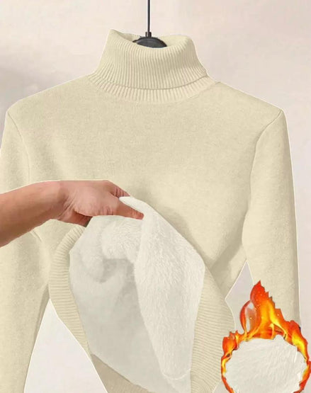 AURORE LUXURE Women's Long Sleeve Turtle Neck Fleece Lined Slim Fit Sweater Pullover Tops in ivory, featuring fluffy fleece lining illustrated by hand.