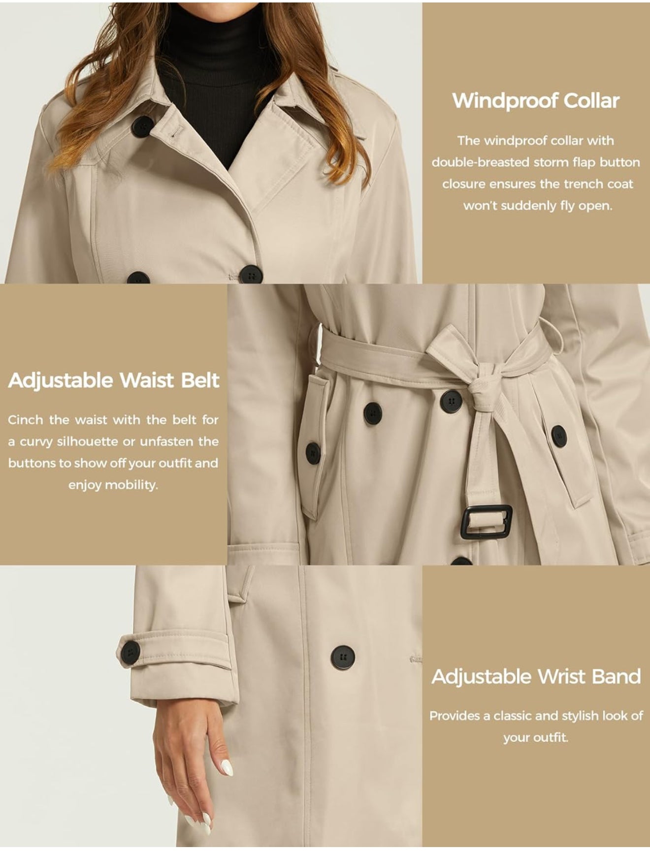 Women's Waterproof Trench Coat - Classic Belted Lapel Coat | AURORRE LUXURE