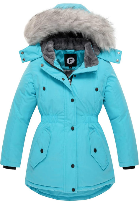 Girls’ Long Winter Coat – Warm Fleece-Lined Puffer Parka with Fur Hood