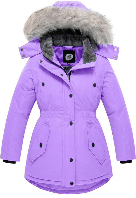 Girls’ Long Winter Coat – Warm Fleece-Lined Puffer Parka with Fur Hood