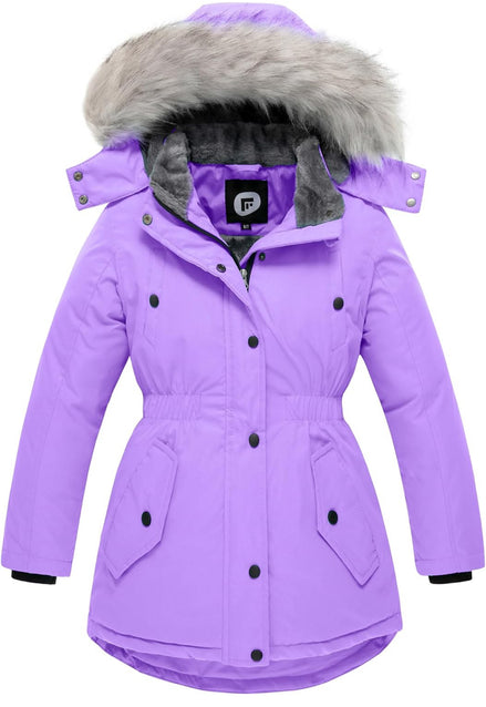 Girls’ Long Winter Coat – Warm Fleece-Lined Puffer Parka with Fur Hood