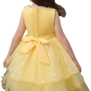 Detailed floral belt on a yellow dress, showcasing the style from the Baby Girls Dresses Summer range.