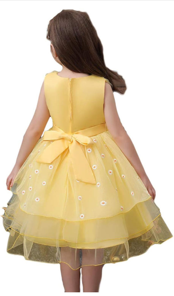 Detailed floral belt on a yellow dress, showcasing the style from the Baby Girls Dresses Summer range.