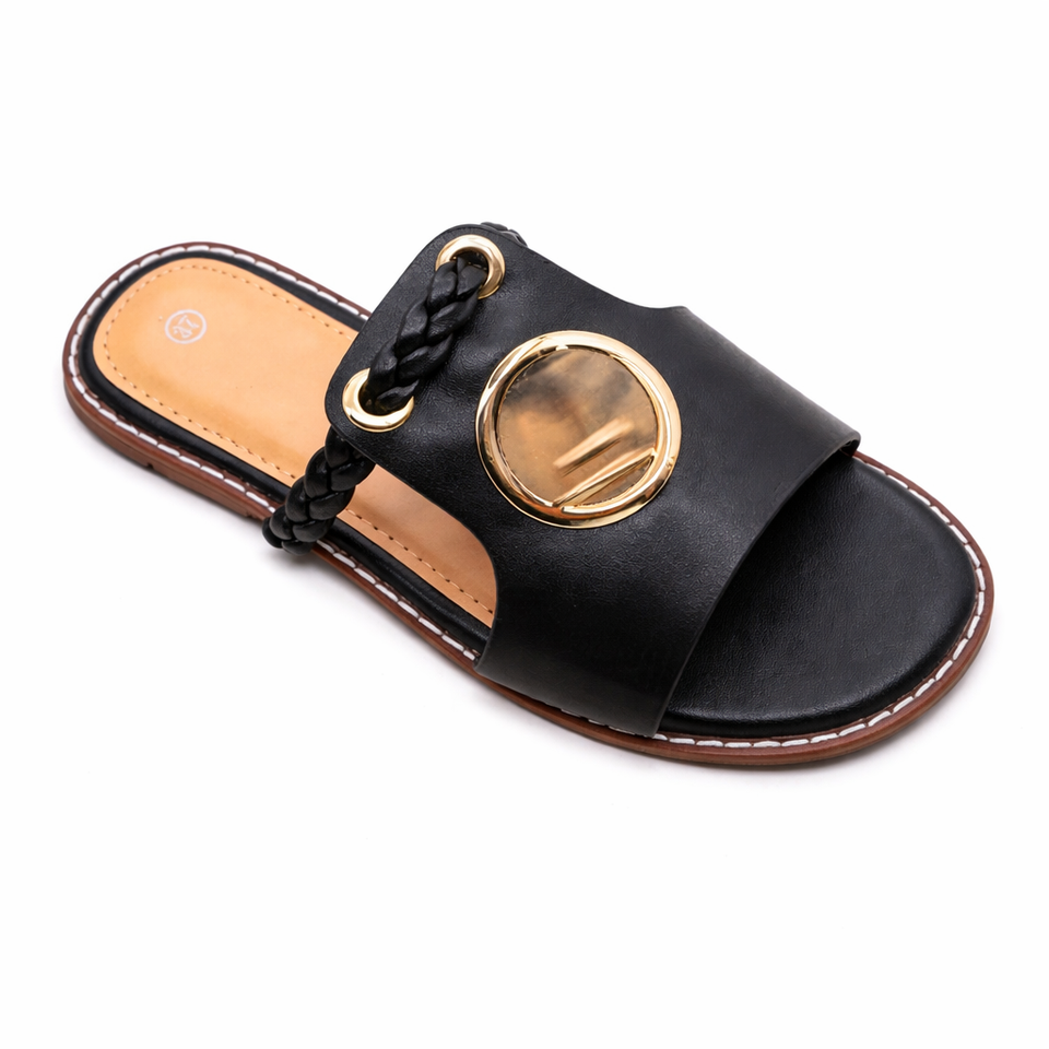 Women’s Flat Slide Sandals – Braided Strap Open Toe Slip-On with Gold Buckle, Summer Casual Comfort Sandals (Size 37-42)
