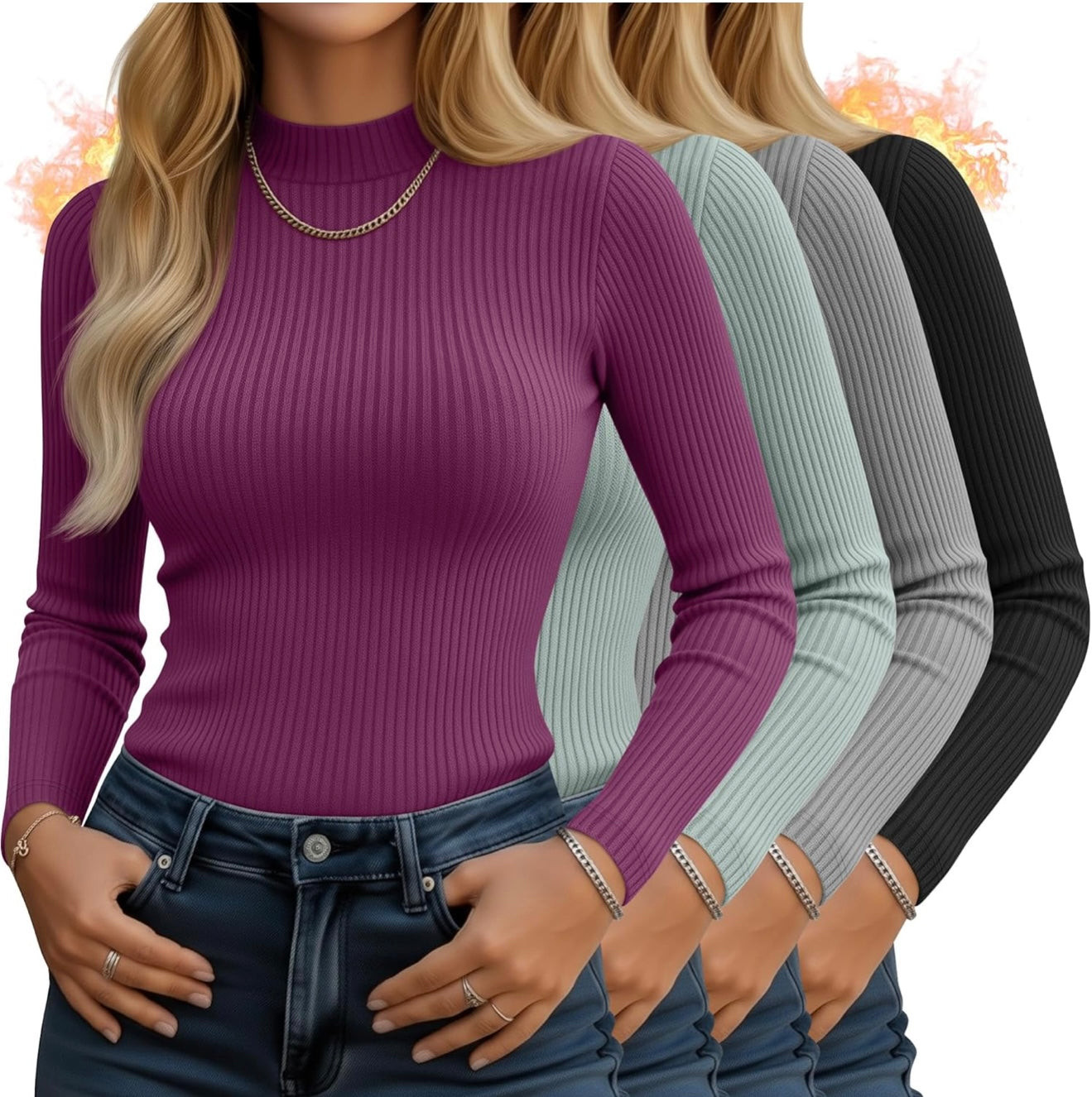 Women's 4-Pack Mock Neck Thermal Tops - Ribbed Base Layer Shirts | AURORE LUXURE