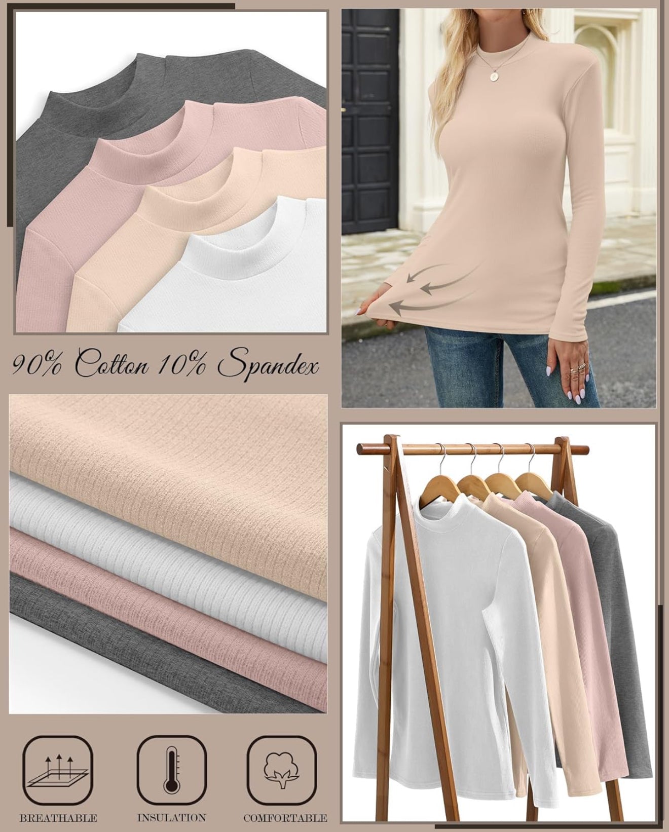 Women's 4-Pack Mock Neck Thermal Tops - Ribbed Base Layer Shirts | AURORE LUXURE