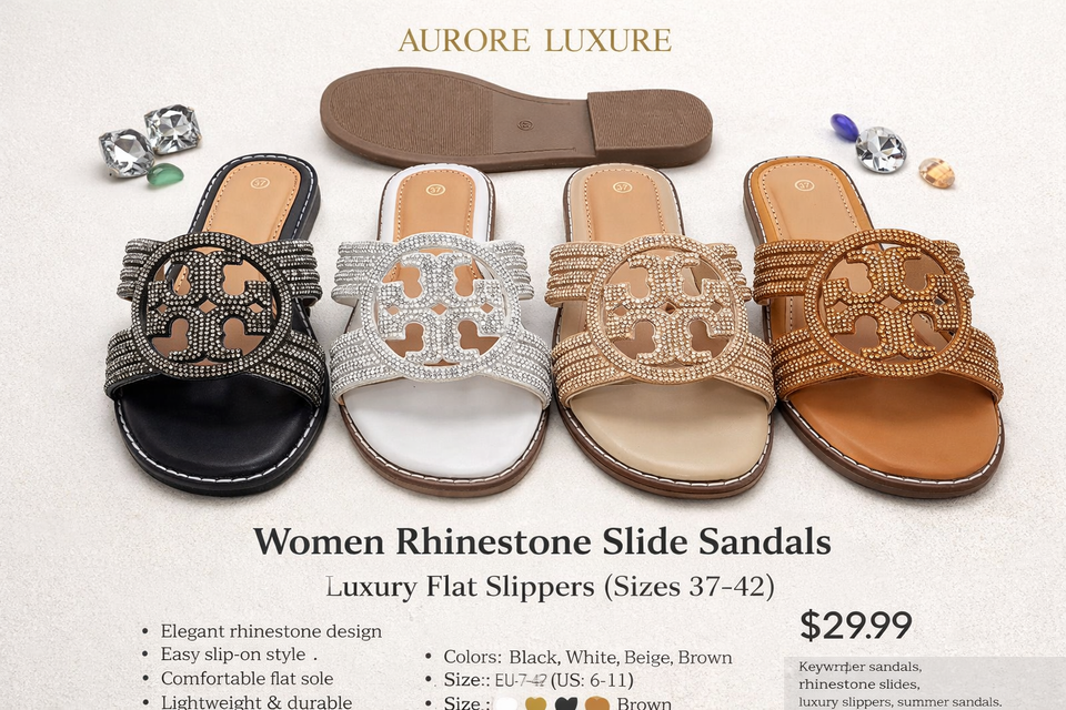 Women Rhinestone Slide Sandals – Luxury Flat Slippers (Sizes 37–42)