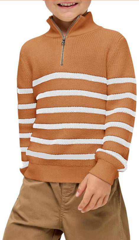 Boys Striped Quarter Zip Sweater - Long Sleeve Knit Pullover | AURORE LUXURE
