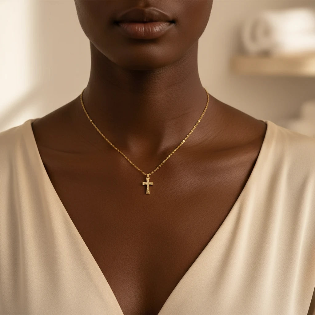 18K Gold PVD Stainless Steel Stone Cross Charm / PDL0306