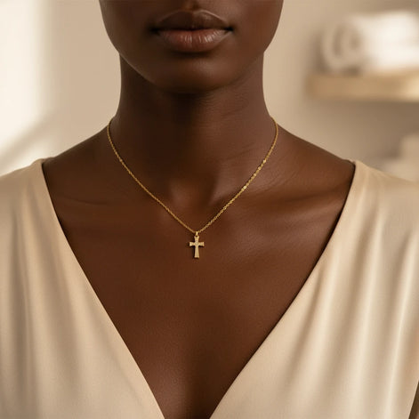 18K Gold PVD Stainless Steel Stone Cross Charm / PDL0306