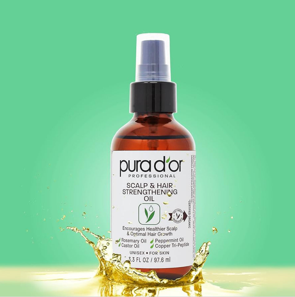 PURA D'OR Scalp & Hair Strengthening Oil with Rosemary Castor Peppermint Oil 3.3 Oz
Supports Optimal Growth, Reduce Breakage, Nourish Roots, Healthier, Fuller, Thicker Hair, Stronger Strands Ft