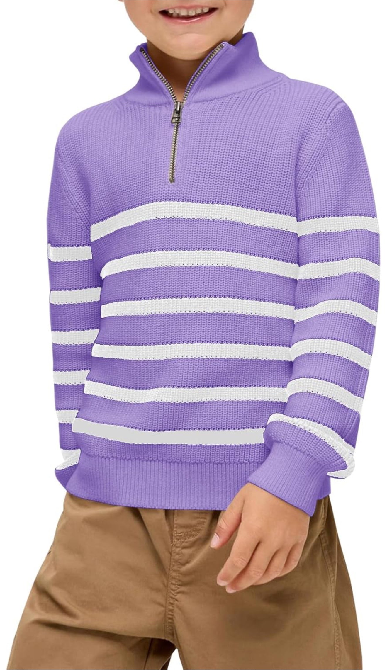 Boys Striped Quarter Zip Sweater - Long Sleeve Knit Pullover | AURORE LUXURE