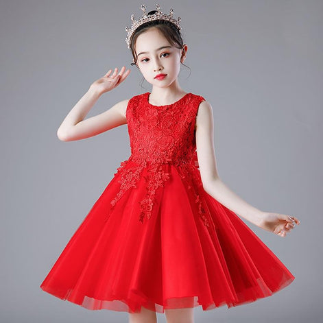 Red Flower Girls Sleeveless Sequins Mesh Dress Lace A-line Bridesmaid Wedding Pageant Tulle Party Gown by AURORE LUXURE