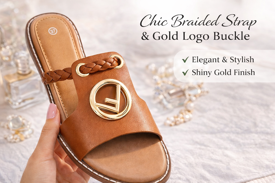 Women’s Flat Slide Sandals – Braided Strap Open Toe Slip-On with Gold Buckle, Summer Casual Comfort Sandals (Size 37-42)