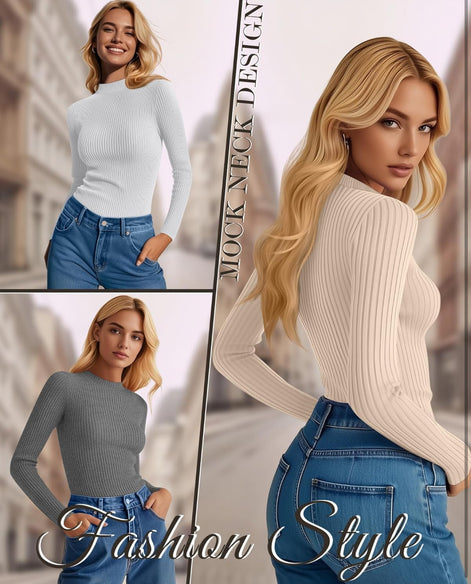 Women's 4-Pack Mock Neck Thermal Tops - Ribbed Base Layer Shirts | AURORE LUXURE
