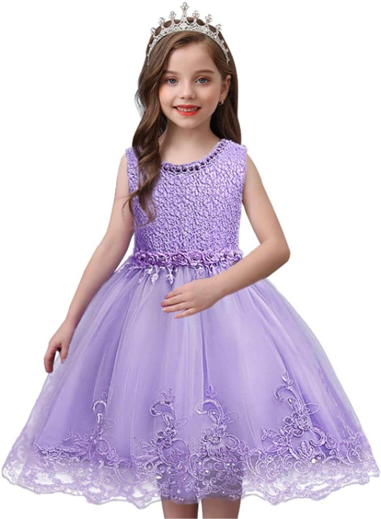 DreamHigh Flower Girl Dress for 3-10 Years Old Girls by AURORE LUXURE, worn by a smiling girl, featuring a lovely purple embroidered dress with a tulle skirt and pearl accents.