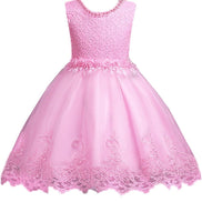 DreamHigh Flower Girl Dress for 3-10 Years Old Girls by AURORE LUXURE, displaying a beautiful pink floral-embroidered dress with details that add elegance and charm.